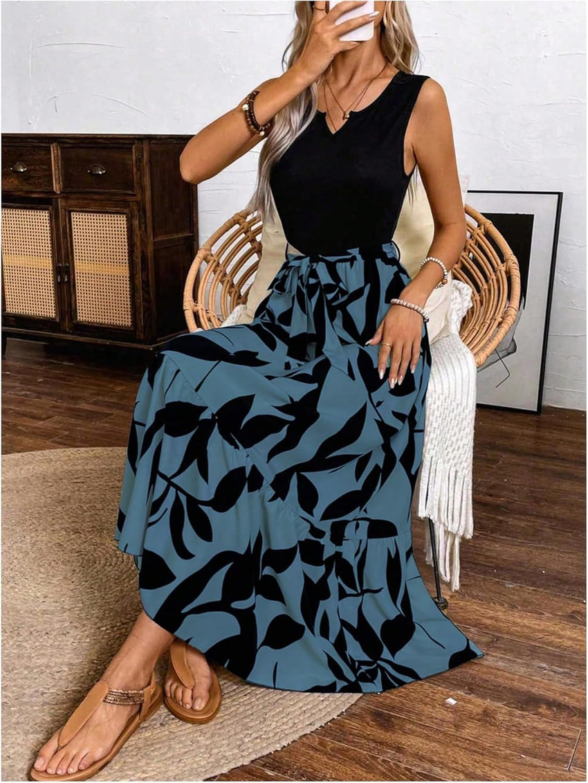 EMERY ROSE Spring/Summer Printed Asymmetrical Hem Dress (Mid - Long Length Knitted Vest & Woven Dress, Leaf Print) Maxi Vacation Beach Outfits Women - 7DAY'S