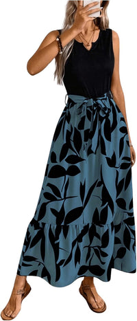 EMERY ROSE Spring/Summer Printed Asymmetrical Hem Dress (Mid - Long Length Knitted Vest & Woven Dress, Leaf Print) Maxi Vacation Beach Outfits Women - 7DAY'S