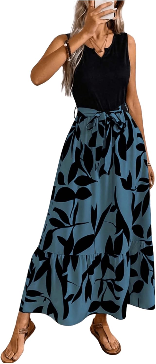 EMERY ROSE Spring/Summer Printed Asymmetrical Hem Dress (Mid - Long Length Knitted Vest & Woven Dress, Leaf Print) Maxi Vacation Beach Outfits Women - 7DAY'S
