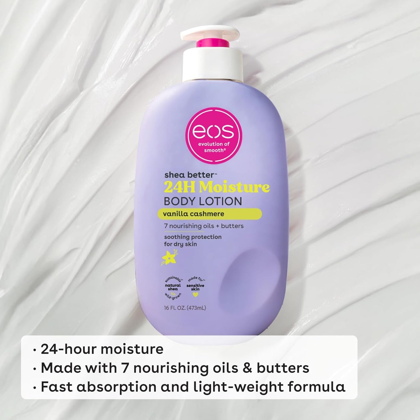 eos Shea Better Body Lotion Vanilla Cashmere, 24 - Hour Moisture Skin Care, Lightweight & Non - Greasy, Natural Shea, Vegan, Vanilla Body Lotion, 16 fl oz - 7DAY'S