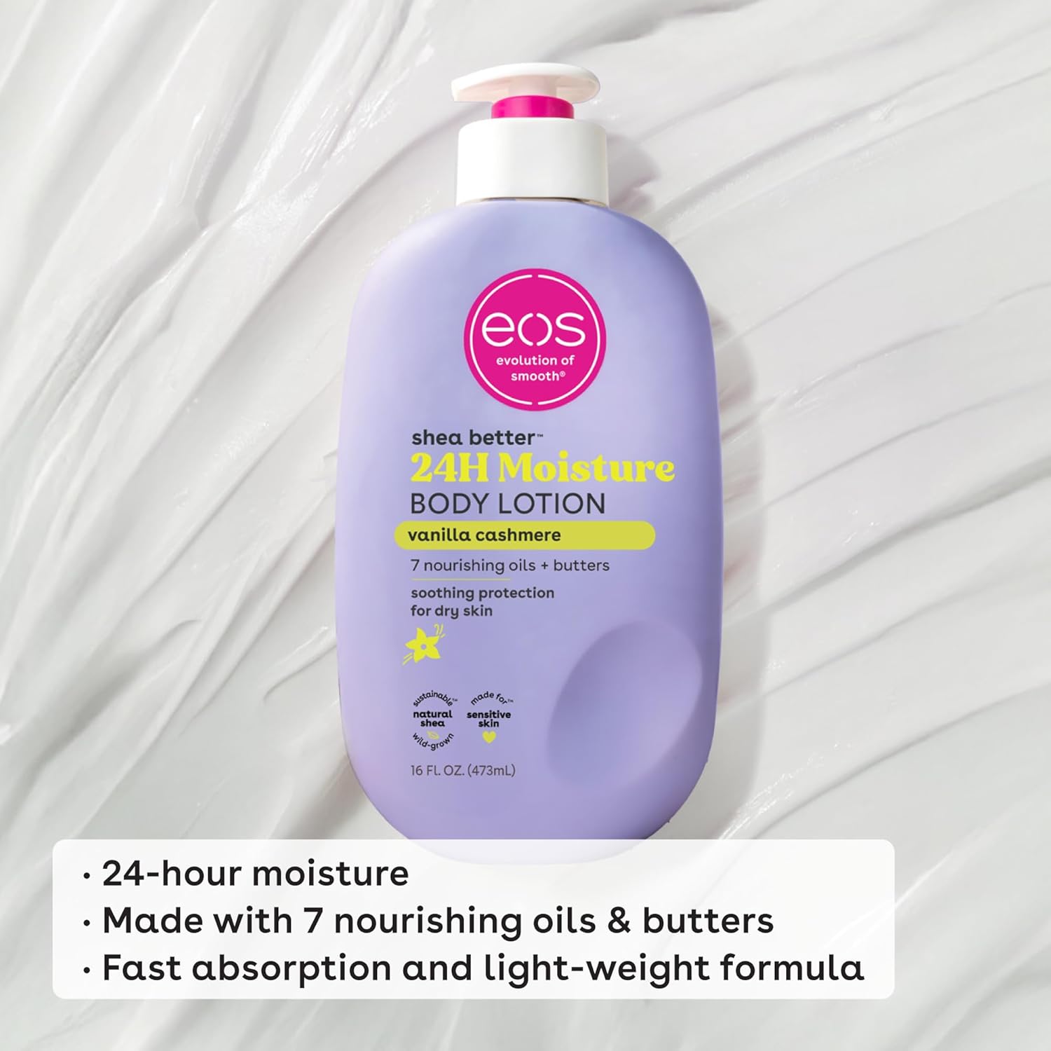 eos Shea Better Body Lotion Vanilla Cashmere, 24 - Hour Moisture Skin Care, Lightweight & Non - Greasy, Natural Shea, Vegan, Vanilla Body Lotion, 16 fl oz - 7DAY'S