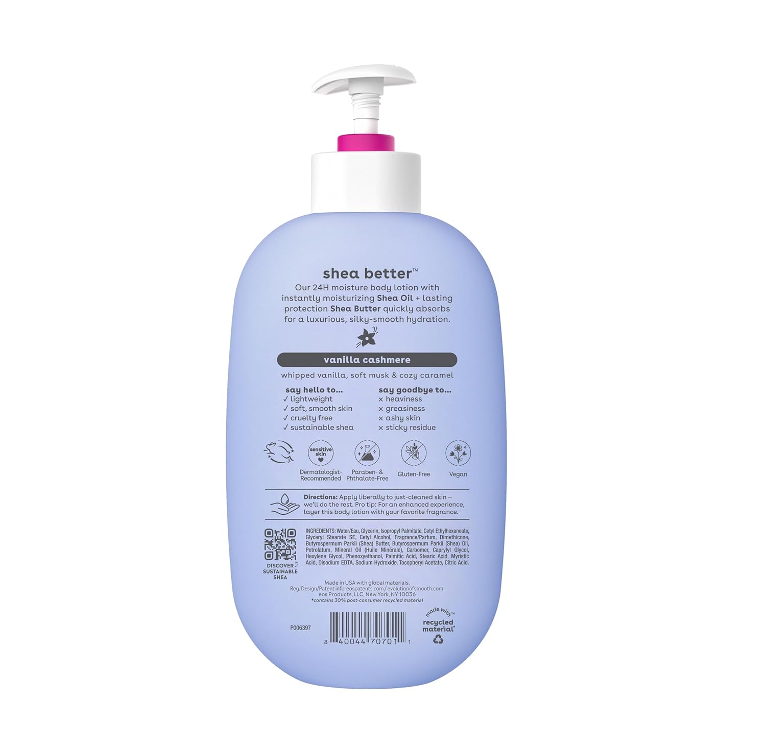 eos Shea Better Body Lotion Vanilla Cashmere, 24 - Hour Moisture Skin Care, Lightweight & Non - Greasy, Natural Shea, Vegan, Vanilla Body Lotion, 16 fl oz - 7DAY'S