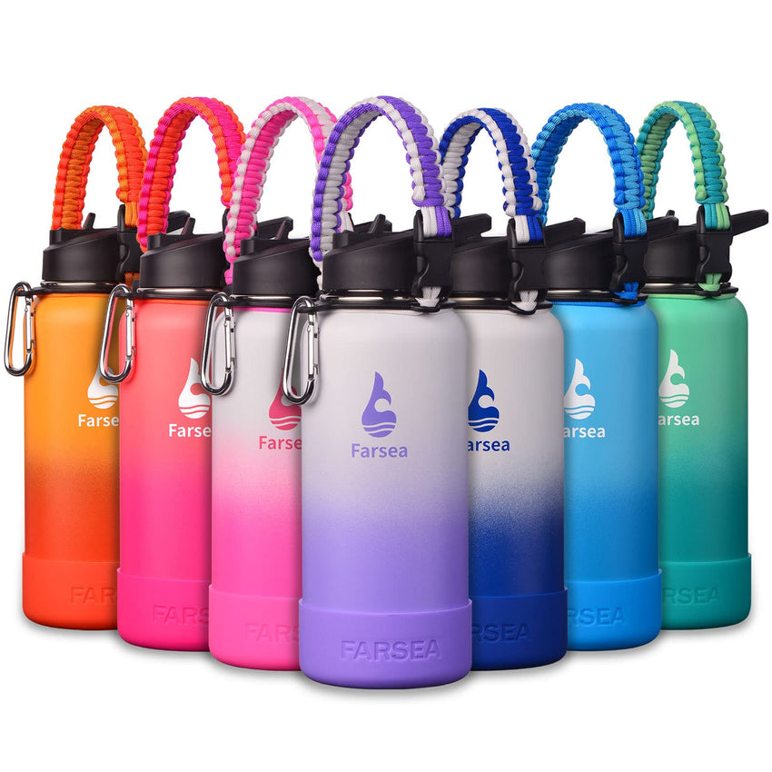 Farsea Insulated Water Bottle With Paracord Handle, Protective Silicone Boot and 2 Lids (Straw Lid & Spout Lid), Stainless Steel Water Bottle Wide Mouth, Double Wall Sweat - Proof BPA - Free, 18 oz - 7DAY'S