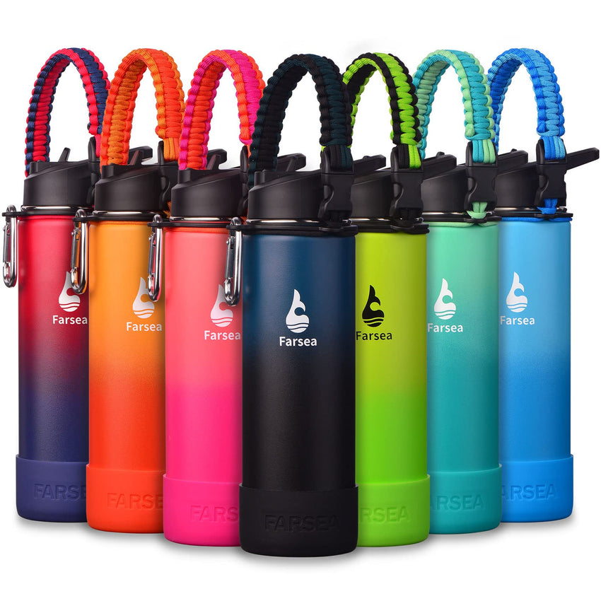 Farsea Insulated Water Bottle With Paracord Handle, Protective Silicone Boot and 2 Lids (Straw Lid & Spout Lid), Stainless Steel Water Bottle Wide Mouth, Double Wall Sweat - Proof BPA - Free, 18 oz - 7DAY'S