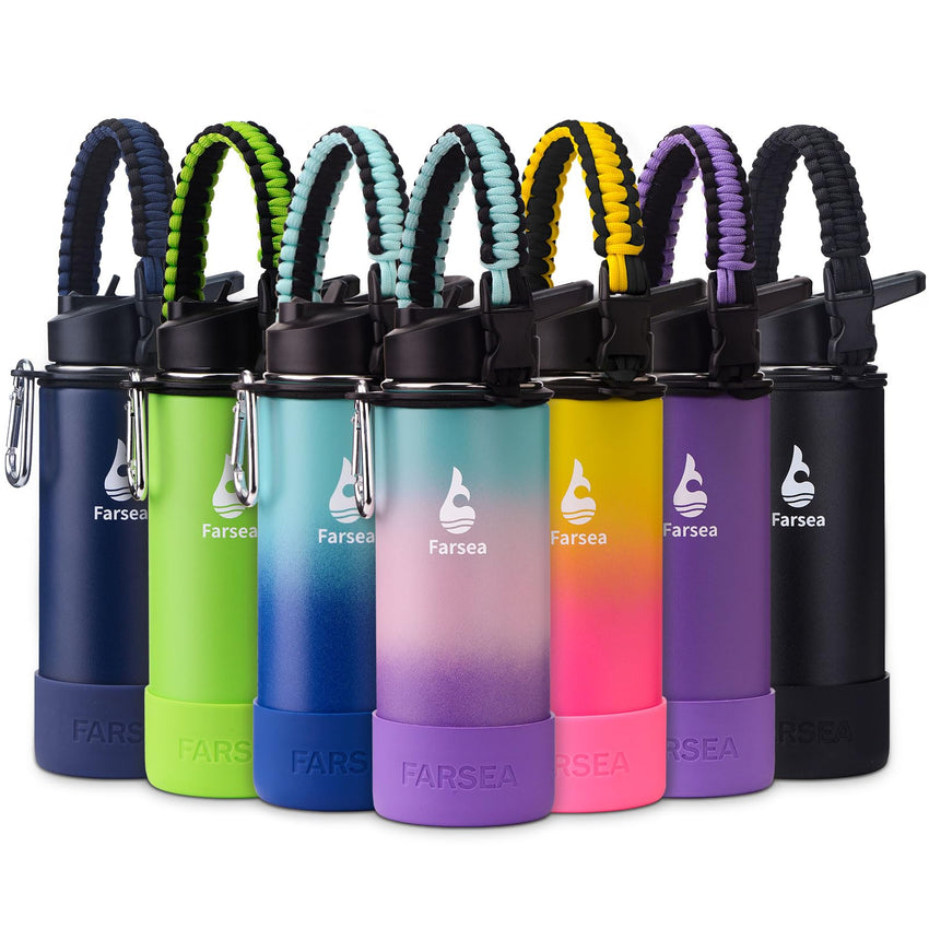 Farsea Insulated Water Bottle With Paracord Handle, Protective Silicone Boot and 2 Lids (Straw Lid & Spout Lid), Stainless Steel Water Bottle Wide Mouth, Double Wall Sweat - Proof BPA - Free, 18 oz - 7DAY'S