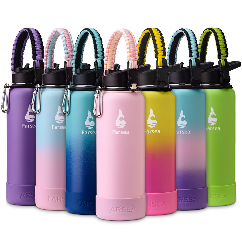Farsea Insulated Water Bottle With Paracord Handle, Protective Silicone Boot and 2 Lids (Straw Lid & Spout Lid), Stainless Steel Water Bottle Wide Mouth, Double Wall Sweat - Proof BPA - Free, 18 oz - 7DAY'S