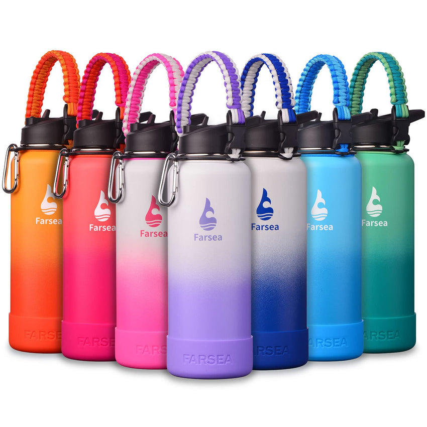 Farsea Insulated Water Bottle With Paracord Handle, Protective Silicone Boot and 2 Lids (Straw Lid & Spout Lid), Stainless Steel Water Bottle Wide Mouth, Double Wall Sweat - Proof BPA - Free, 18 oz - 7DAY'S
