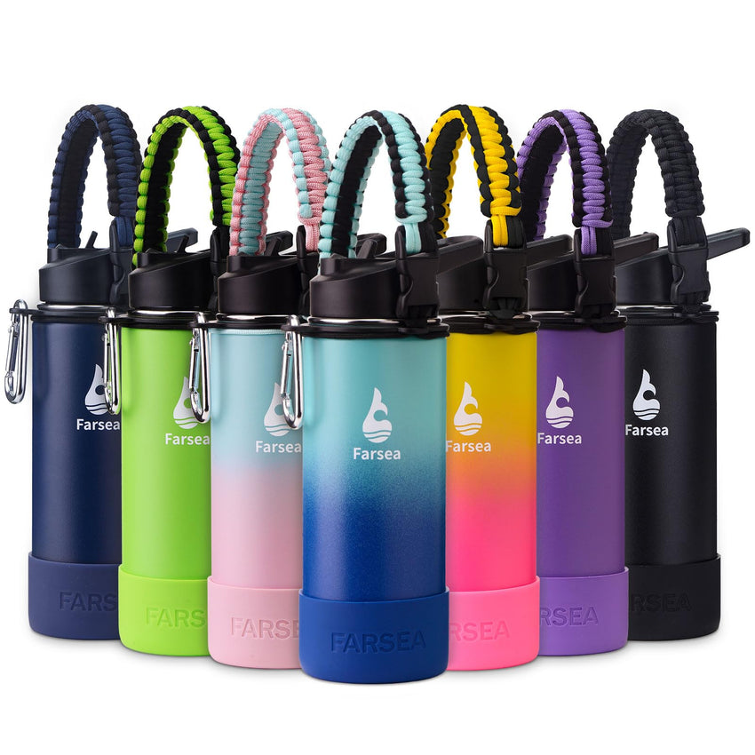 Farsea Insulated Water Bottle With Paracord Handle, Protective Silicone Boot and 2 Lids (Straw Lid & Spout Lid), Stainless Steel Water Bottle Wide Mouth, Double Wall Sweat - Proof BPA - Free, 18 oz - 7DAY'S