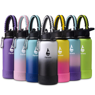 Farsea Insulated Water Bottle With Paracord Handle, Protective Silicone Boot and 2 Lids (Straw Lid & Spout Lid), Stainless Steel Water Bottle Wide Mouth, Double Wall Sweat-Proof BPA-Free, 18 oz