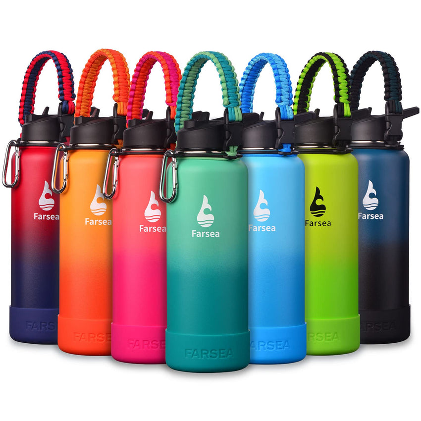 Farsea Insulated Water Bottle With Paracord Handle, Protective Silicone Boot and 2 Lids (Straw Lid & Spout Lid), Stainless Steel Water Bottle Wide Mouth, Double Wall Sweat - Proof BPA - Free, 18 oz - 7DAY'S