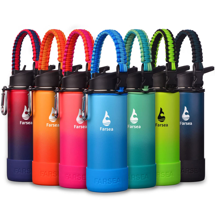 Farsea Insulated Water Bottle With Paracord Handle, Protective Silicone Boot and 2 Lids (Straw Lid & Spout Lid), Stainless Steel Water Bottle Wide Mouth, Double Wall Sweat - Proof BPA - Free, 18 oz - 7DAY'S