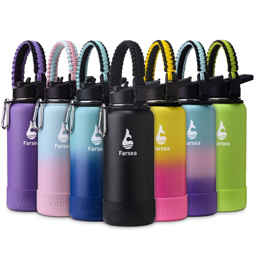 Farsea Insulated Water Bottle With Paracord Handle, Protective Silicone Boot and 2 Lids (Straw Lid & Spout Lid), Stainless Steel Water Bottle Wide Mouth, Double Wall Sweat - Proof BPA - Free, 18 oz - 7DAY'S