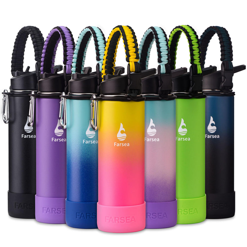 Farsea Insulated Water Bottle With Paracord Handle, Protective Silicone Boot and 2 Lids (Straw Lid & Spout Lid), Stainless Steel Water Bottle Wide Mouth, Double Wall Sweat - Proof BPA - Free, 18 oz - 7DAY'S