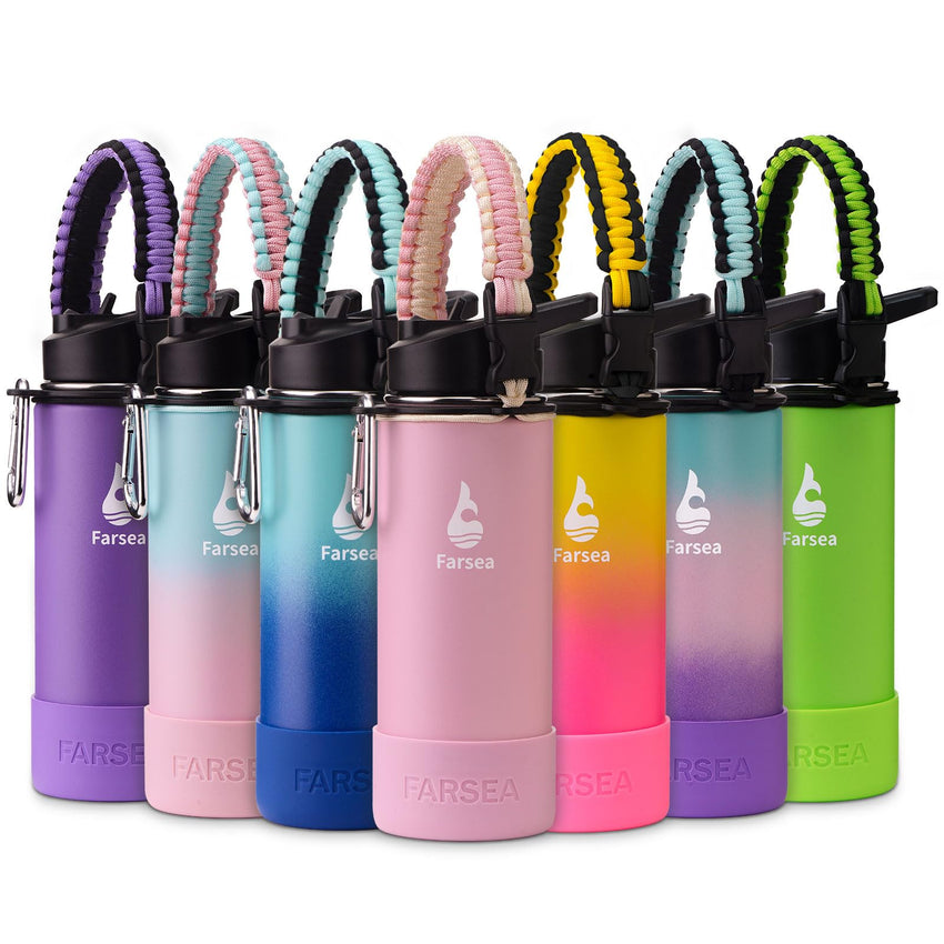 Farsea Insulated Water Bottle With Paracord Handle, Protective Silicone Boot and 2 Lids (Straw Lid & Spout Lid), Stainless Steel Water Bottle Wide Mouth, Double Wall Sweat - Proof BPA - Free, 18 oz - 7DAY'S