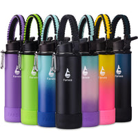 Farsea Insulated Water Bottle With Paracord Handle, Protective Silicone Boot and 2 Lids (Straw Lid & Spout Lid), Stainless Steel Water Bottle Wide Mouth, Double Wall Sweat - Proof BPA - Free, 18 oz - 7DAY'S