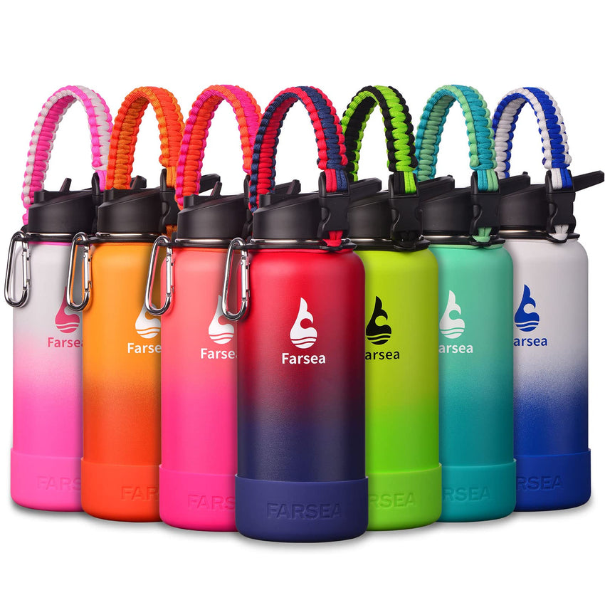 Farsea Insulated Water Bottle With Paracord Handle, Protective Silicone Boot and 2 Lids (Straw Lid & Spout Lid), Stainless Steel Water Bottle Wide Mouth, Double Wall Sweat - Proof BPA - Free, 18 oz - 7DAY'S