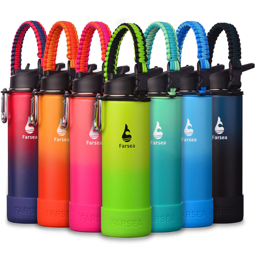 Farsea Insulated Water Bottle With Paracord Handle, Protective Silicone Boot and 2 Lids (Straw Lid & Spout Lid), Stainless Steel Water Bottle Wide Mouth, Double Wall Sweat - Proof BPA - Free, 18 oz - 7DAY'S
