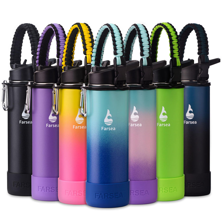 Farsea Insulated Water Bottle With Paracord Handle, Protective Silicone Boot and 2 Lids (Straw Lid & Spout Lid), Stainless Steel Water Bottle Wide Mouth, Double Wall Sweat - Proof BPA - Free, 18 oz - 7DAY'S