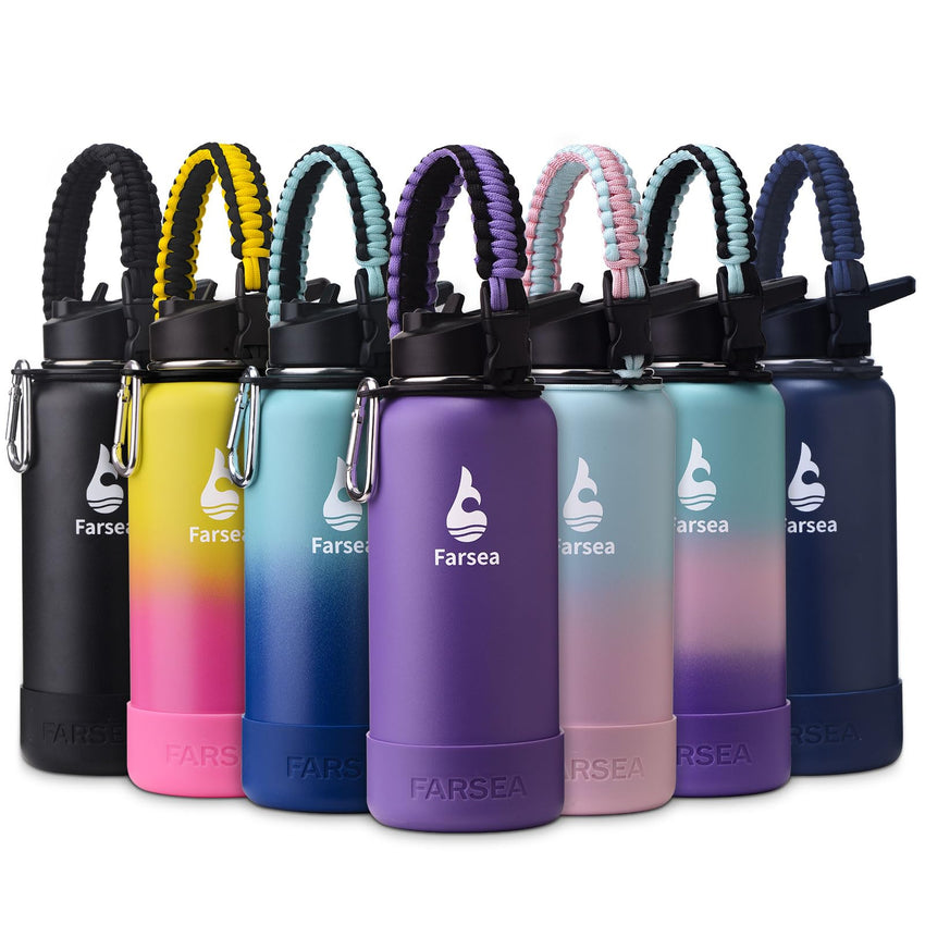 Farsea Insulated Water Bottle With Paracord Handle, Protective Silicone Boot and 2 Lids (Straw Lid & Spout Lid), Stainless Steel Water Bottle Wide Mouth, Double Wall Sweat - Proof BPA - Free, 18 oz - 7DAY'S