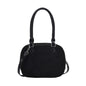 Black dome-shaped handbag with top handles and detachable shoulder strap, stylish fashion accessory