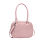 Pink suede handbag with top handle and detachable strap, stylish women's fashion accessory