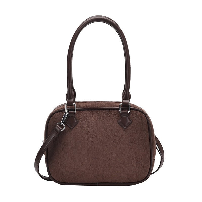 Brown suede handbag with top handle and detachable strap, stylish women's fashion accessory