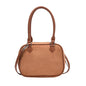 Tan suede handbag with top handle and shoulder strap, stylish women's fashion accessory