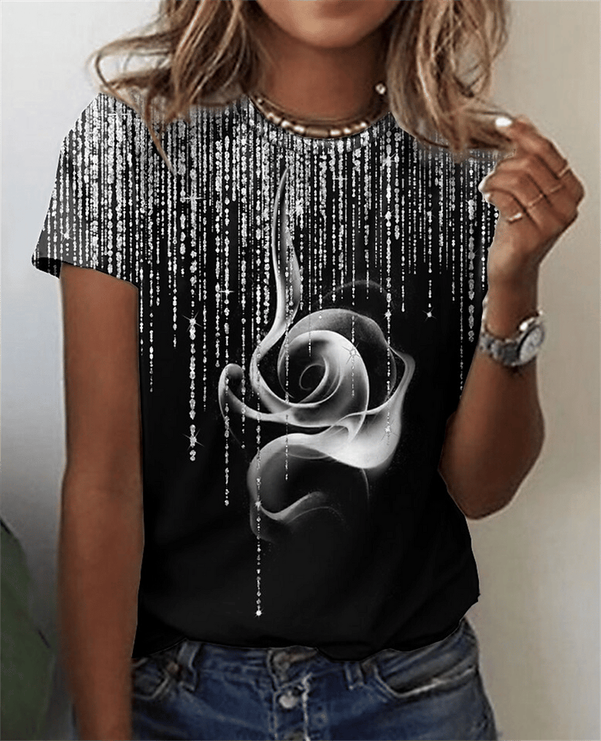 Fashion Women Blouse 2023 Sexy Tops For Woman 3D Rose Printing Short Sleeve Tees Female T-shirts Plus Sized Women's Y2k Clothes - 7DAY'S