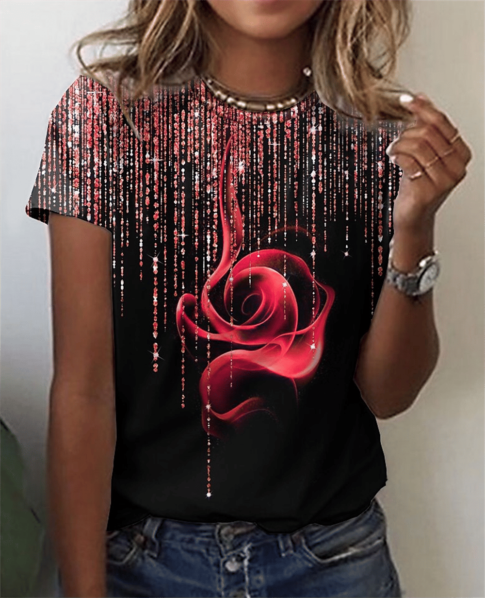 Fashion Women Blouse 2023 Sexy Tops For Woman 3D Rose Printing Short Sleeve Tees Female T-shirts Plus Sized Women's Y2k Clothes - 7DAY'S