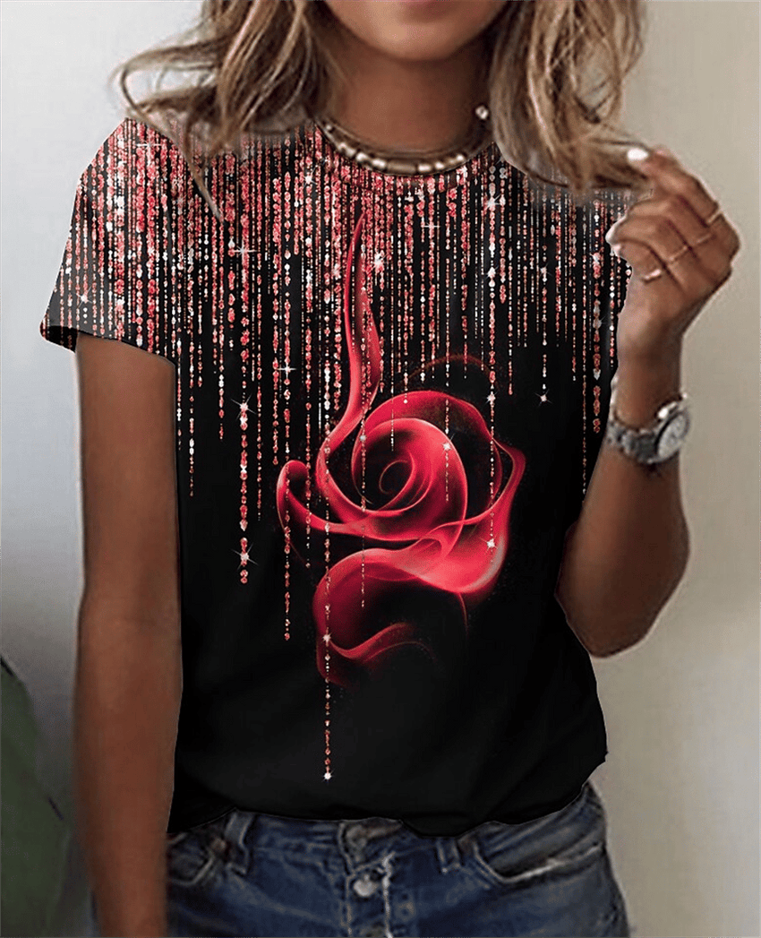 Fashion Women Blouse 2023 Sexy Tops For Woman 3D Rose Printing Short Sleeve Tees Female T-shirts Plus Sized Women's Y2k Clothes - 7DAY'S