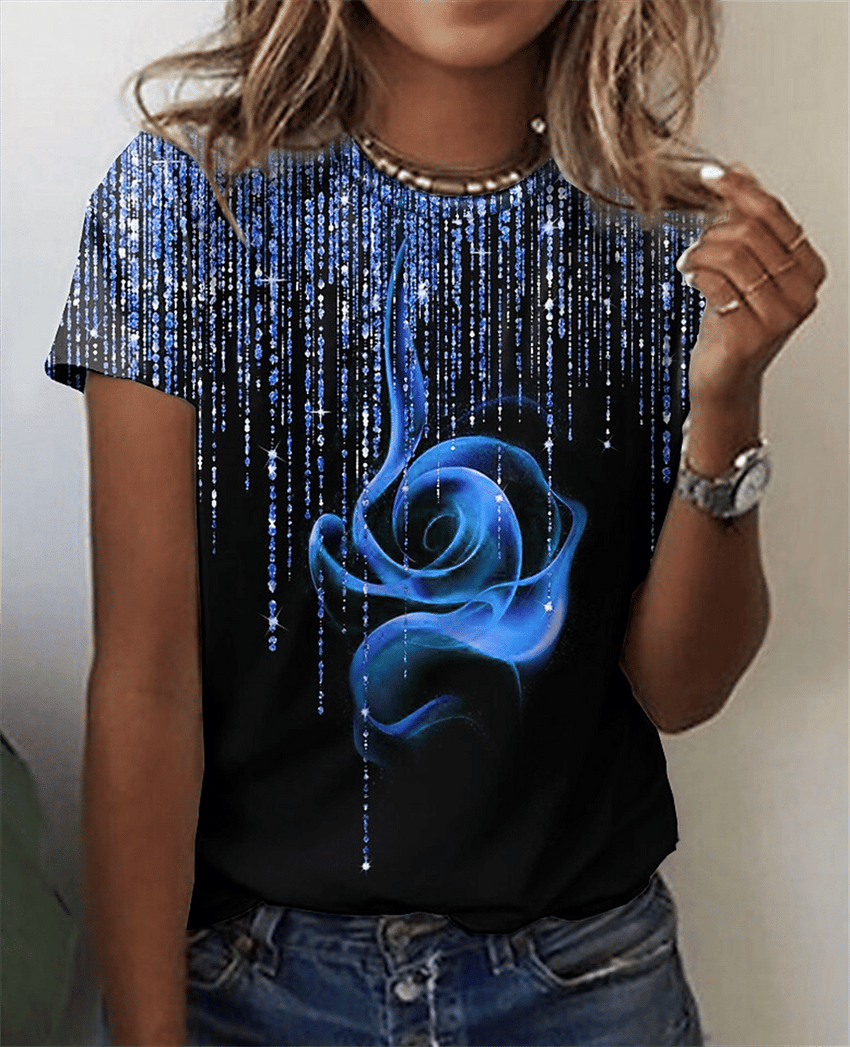Fashion Women Blouse 2023 Sexy Tops For Woman 3D Rose Printing Short Sleeve Tees Female T-shirts Plus Sized Women's Y2k Clothes - 7DAY'S