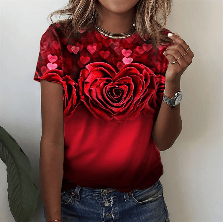 Fashion Women Blouse 2023 Sexy Tops For Woman 3D Rose Printing Short Sleeve Tees Female T-shirts Plus Sized Women's Y2k Clothes - 7DAY'S