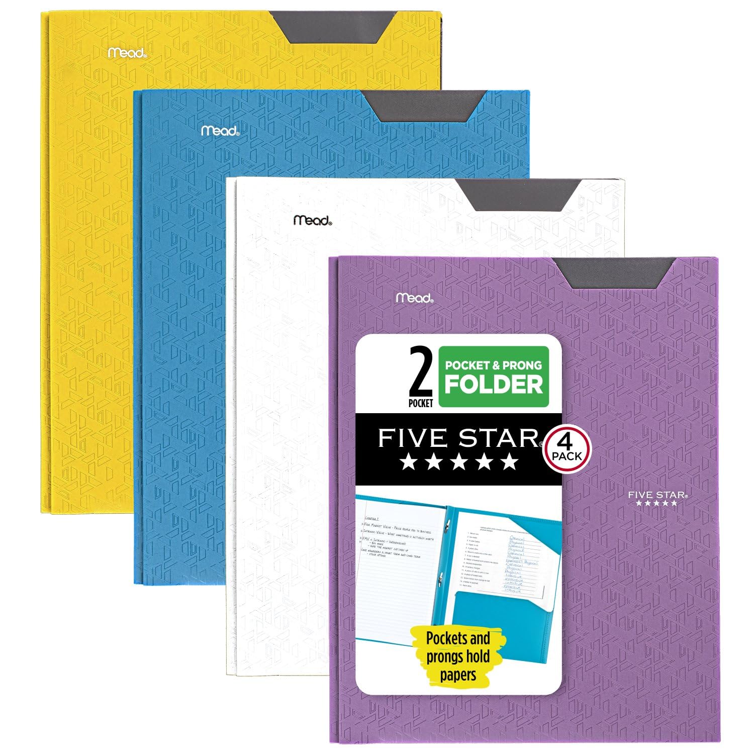 Five Star 2 - Pocket Folder, 4 Pack, Plastic Folder with Stay - Put Tabs and Prong Fasteners, Holds 8 - 1/2" x 11" Paper, Black, Fire Red, Forest Green, Pacific Blue (38048) - 7DAY'S