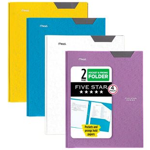 Five Star 2-Pocket Folder, 4 Pack, Plastic Folder with Stay-Put Tabs and Prong Fasteners, Holds 8-1/2" x 11" Paper, Black, Fire Red, Forest Green, Pacific Blue (38048)