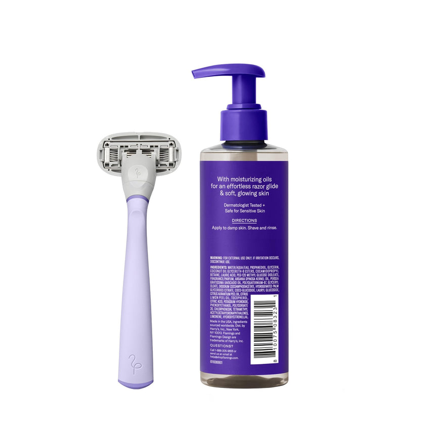 Flamingo Razor Shaving Set for Women - 5 - Blade Razor, Nourishing Shave Oil, and Shower Holder - Lilac - 7DAY'S