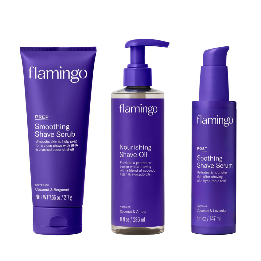 Flamingo Razor Shaving Set for Women - 5 - Blade Razor, Nourishing Shave Oil, and Shower Holder - Lilac - 7DAY'S