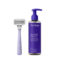 Flamingo Razor Shaving Set for Women - 5 - Blade Razor, Nourishing Shave Oil, and Shower Holder - Lilac - 7DAY'S