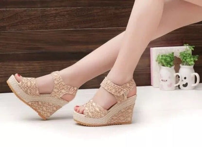 Beige lace wedge sandals with espadrille platform, stylish summer footwear for women