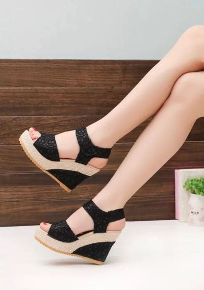 Black lace wedge sandals with espadrille platform, stylish summer footwear for women