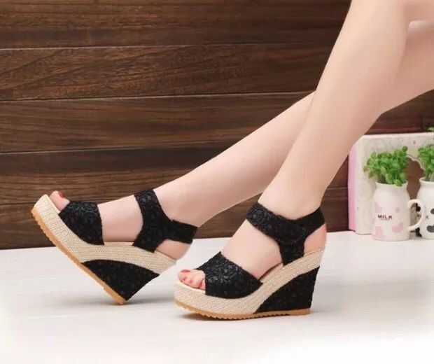 Black lace wedge sandals with espadrille platform, stylish summer footwear for women
