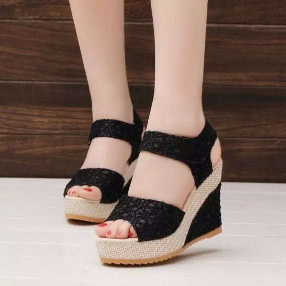 Black lace wedge sandals with espadrille platform, stylish summer footwear for women