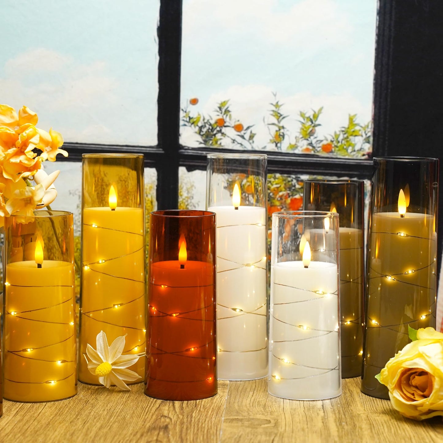 Flickering Flameless LED Candles, 9 Pcs with Embedded Star String, Acrylic LED Pillar Candles with Remote, Suitable for Home Decoration (Grey) - 7DAY'S