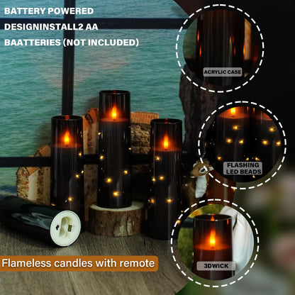 Flickering Flameless LED Candles, 9 Pcs with Embedded Star String, Acrylic LED Pillar Candles with Remote, Suitable for Home Decoration (Grey) - 7DAY'S