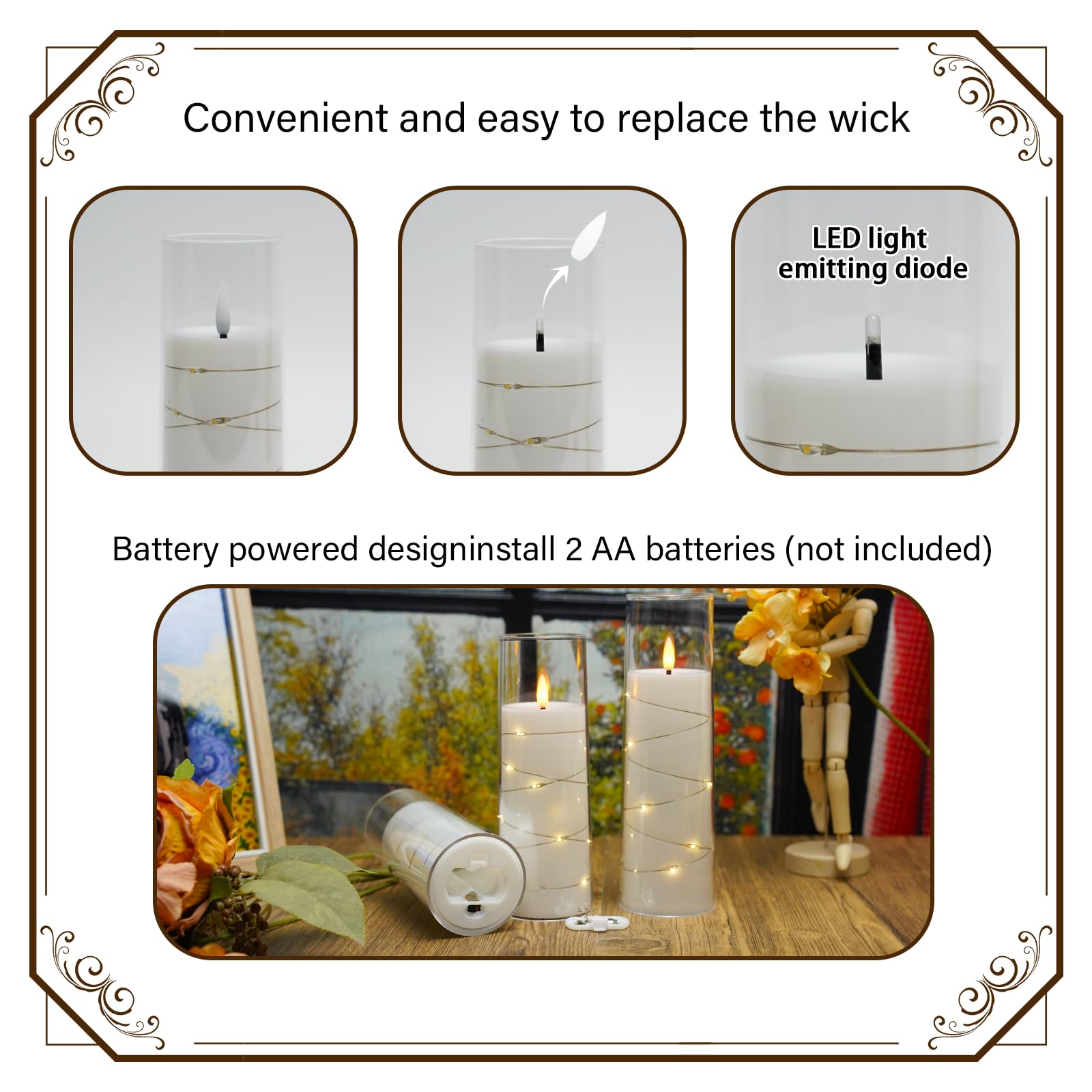 Flickering Flameless LED Candles, 9 Pcs with Embedded Star String, Acrylic LED Pillar Candles with Remote, Suitable for Home Decoration (Grey) - 7DAY'S