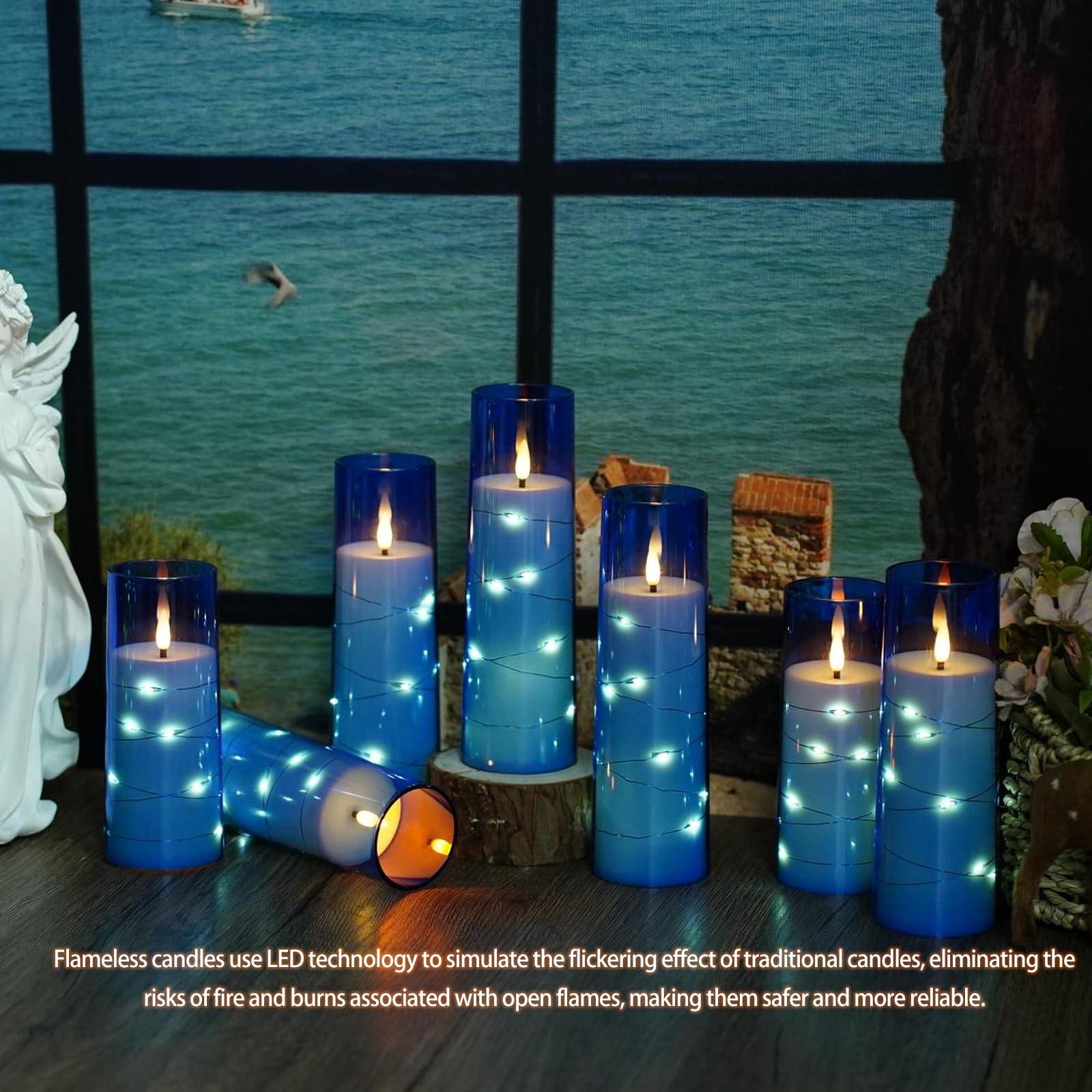 Flickering Flameless LED Candles, 9 Pcs with Embedded Star String, Acrylic LED Pillar Candles with Remote, Suitable for Home Decoration (Grey) - 7DAY'S