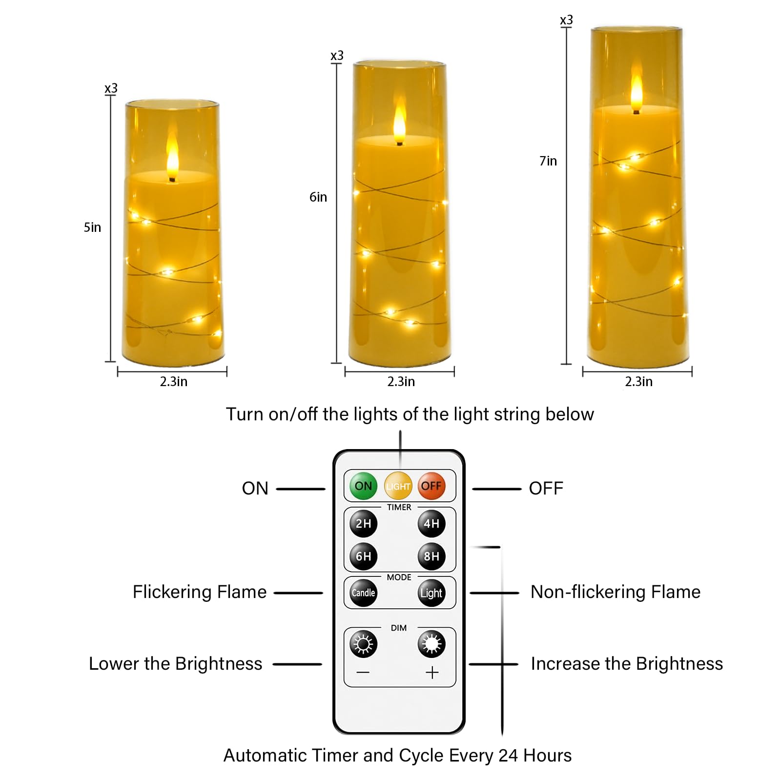 Flickering Flameless LED Candles, 9 Pcs with Embedded Star String, Acrylic LED Pillar Candles with Remote, Suitable for Home Decoration (Grey) - 7DAY'S