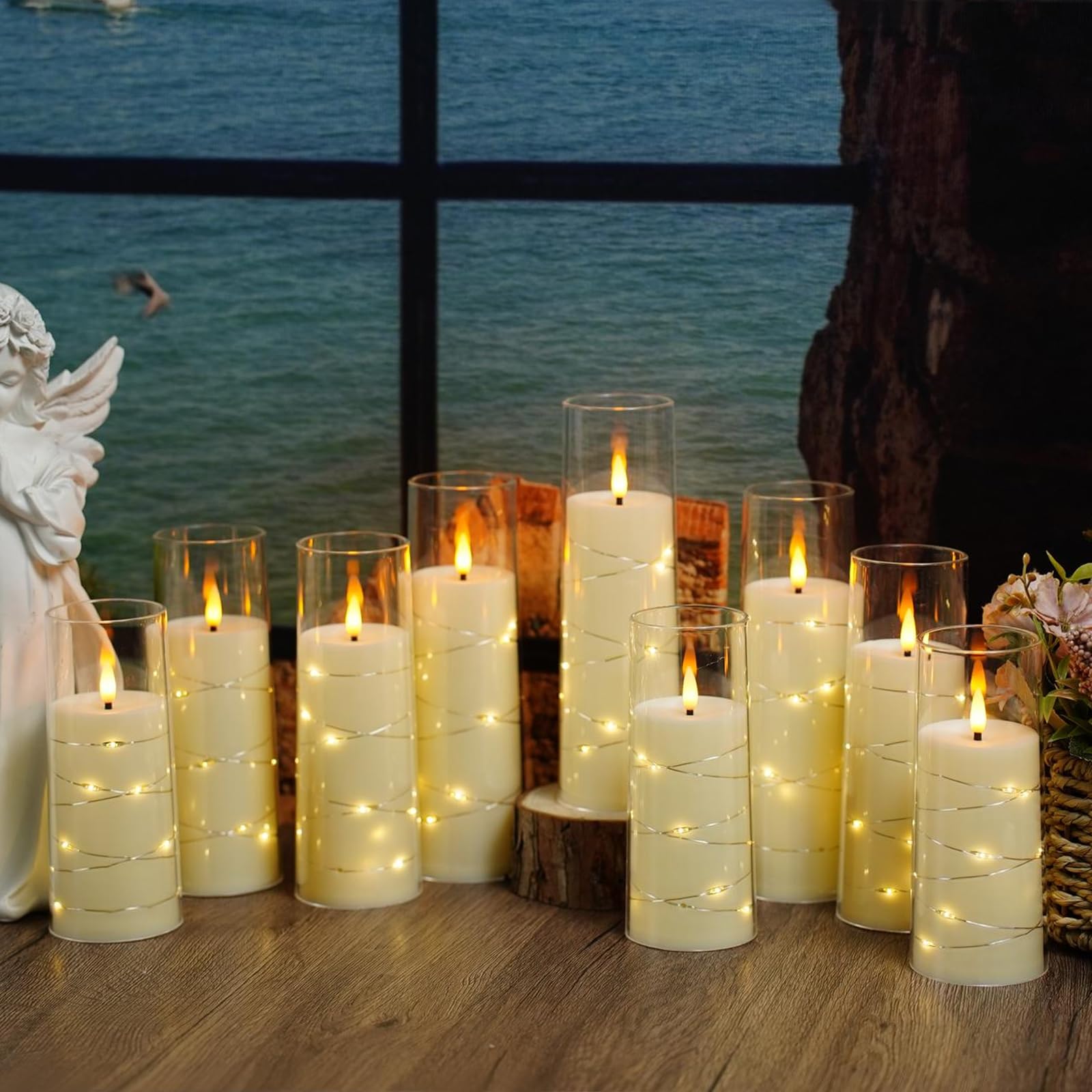 Flickering Flameless LED Candles, 9 Pcs with Embedded Star String, Acrylic LED Pillar Candles with Remote, Suitable for Home Decoration (Grey) - 7DAY'S
