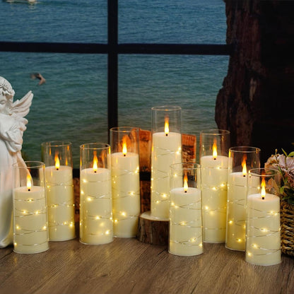 Flickering Flameless LED Candles, 9 Pcs with Embedded Star String, Acrylic LED Pillar Candles with Remote, Suitable for Home Decoration (Grey) - 7DAY'S