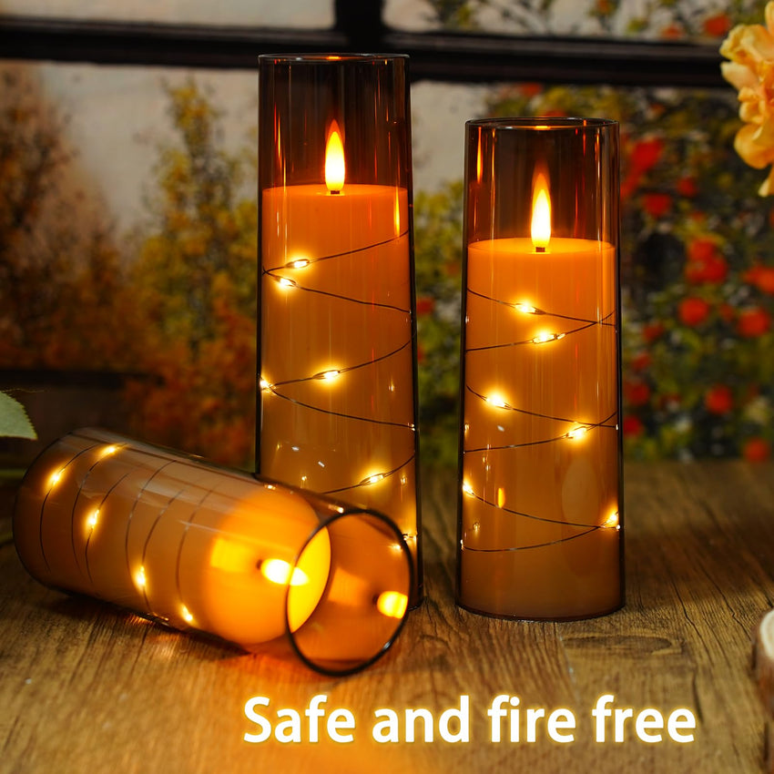 Flickering Flameless LED Candles, 9 Pcs with Embedded Star String, Acrylic LED Pillar Candles with Remote, Suitable for Home Decoration (Grey) - 7DAY'S