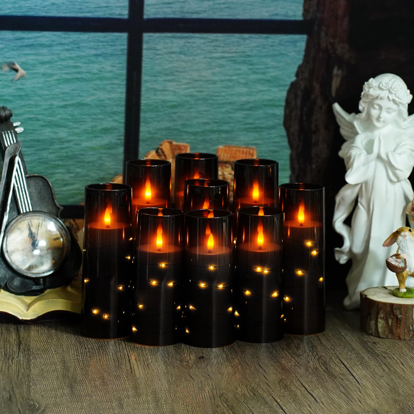 Flickering Flameless LED Candles, 9 Pcs with Embedded Star String, Acrylic LED Pillar Candles with Remote, Suitable for Home Decoration (Grey) - 7DAY'S